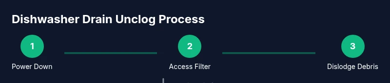 Infographic showing three steps to unclog a dishwasher drain using safe tools
