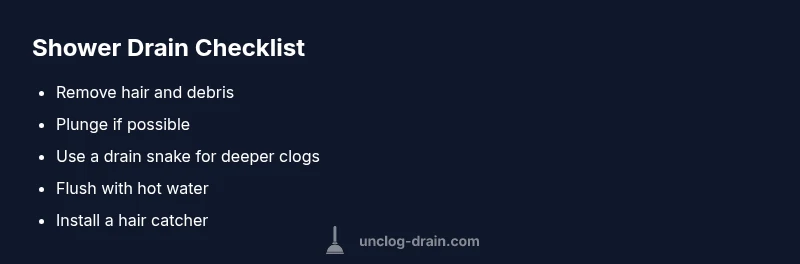 Checklist for clearing a shower drain clog and preventing standing water
