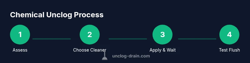 Process infographic showing steps to unclog a toilet with chemicals
