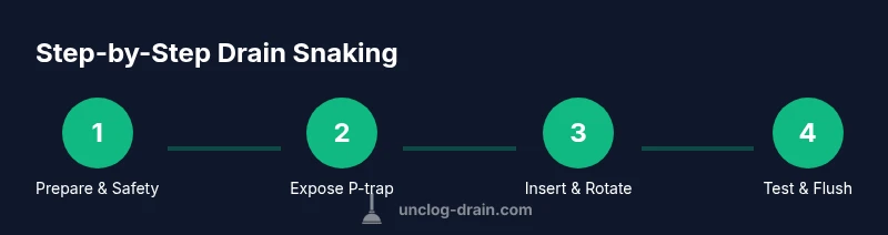 Process diagram for using a drain snake to unclog a kitchen sink