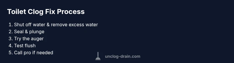 Infographic showing steps to unclog a toilet using a plunger and auger