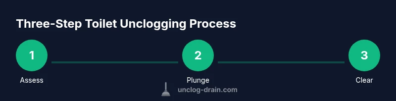 Infographic showing three-step toilet unclogging: Assess, Plunge, Clear