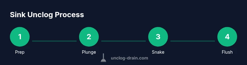 Process diagram showing steps to unclog a sink
