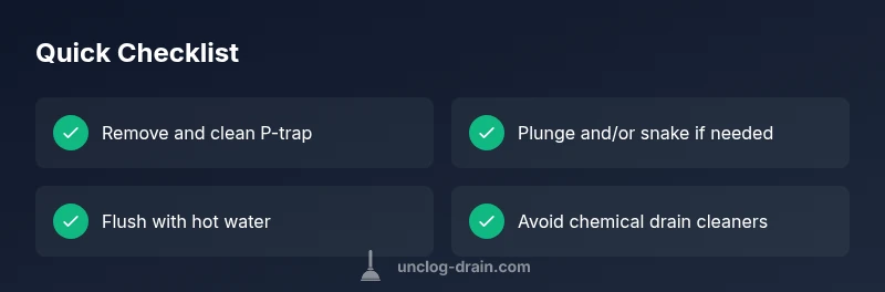 Checklist for unclogging a kitchen sink with steps like removing P-trap and plunging