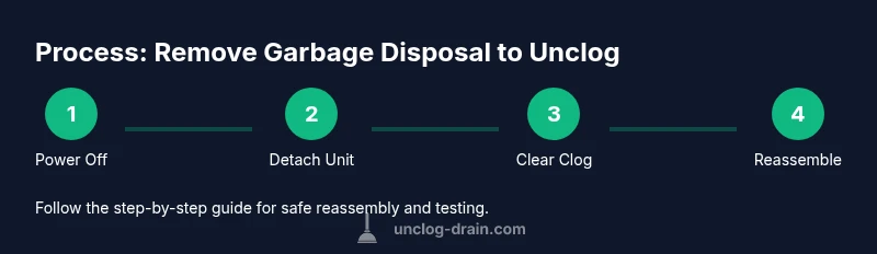 Process diagram showing steps to remove garbage disposal to unclog