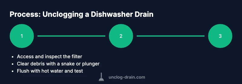 Infographic showing steps to unclog a dishwasher drain