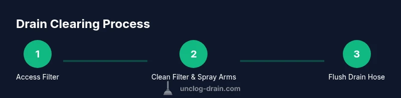 Process infographic showing steps to unclog a dishwasher drain