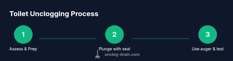 Infographic showing three steps of unclogging a toilet: assess, plunge, and auger