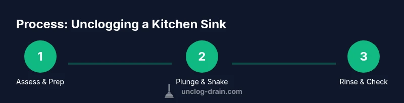 Process infographic showing steps to unclog kitchen sink