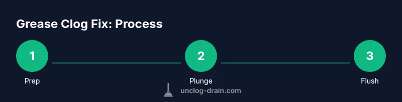 Process diagram showing prep, plunge, and flush steps for grease clog removal