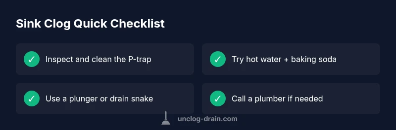 Checklist infographic for unclogging a sink using plunger and snake