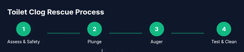 Process diagram showing steps to unclog a toilet using plunger and auger