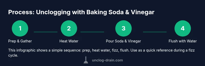 Process diagram: Baking soda and vinegar method for unclogging a kitchen drain