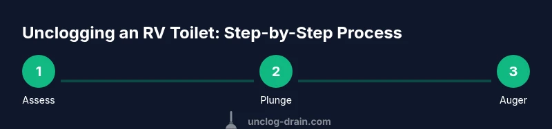 Process infographic showing assess, plunge, auger steps for unclogging an RV toilet