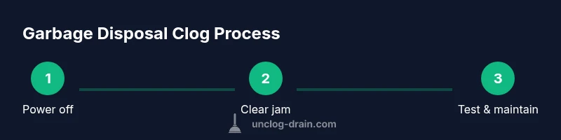 Process diagram showing steps to unclog a garbage disposal