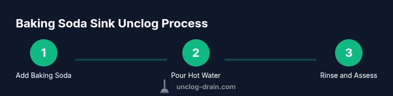 Process diagram showing baking soda drain unclog steps