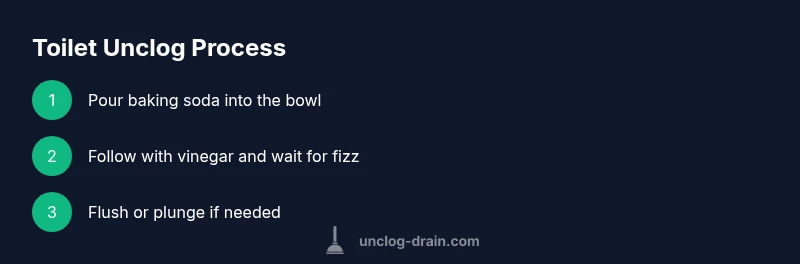 Three-step infographic showing baking soda and vinegar unclogging a toilet