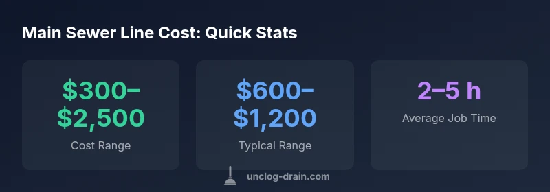 Infographic showing cost ranges for unclogging a main sewer line with three stat panels