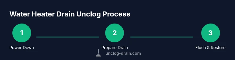Infographic showing a three-step process to unclog a water heater drain