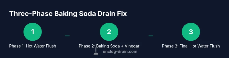 Infographic showing a three-phase baking soda drain unclogging process